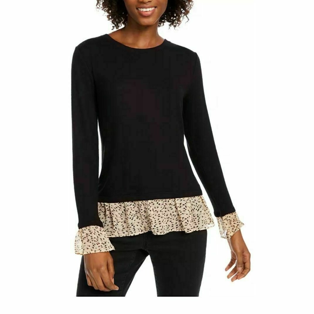 Maison Jules Animal Print Ruffle Top Long Sleeve Leopard Black Sz Small S NWT